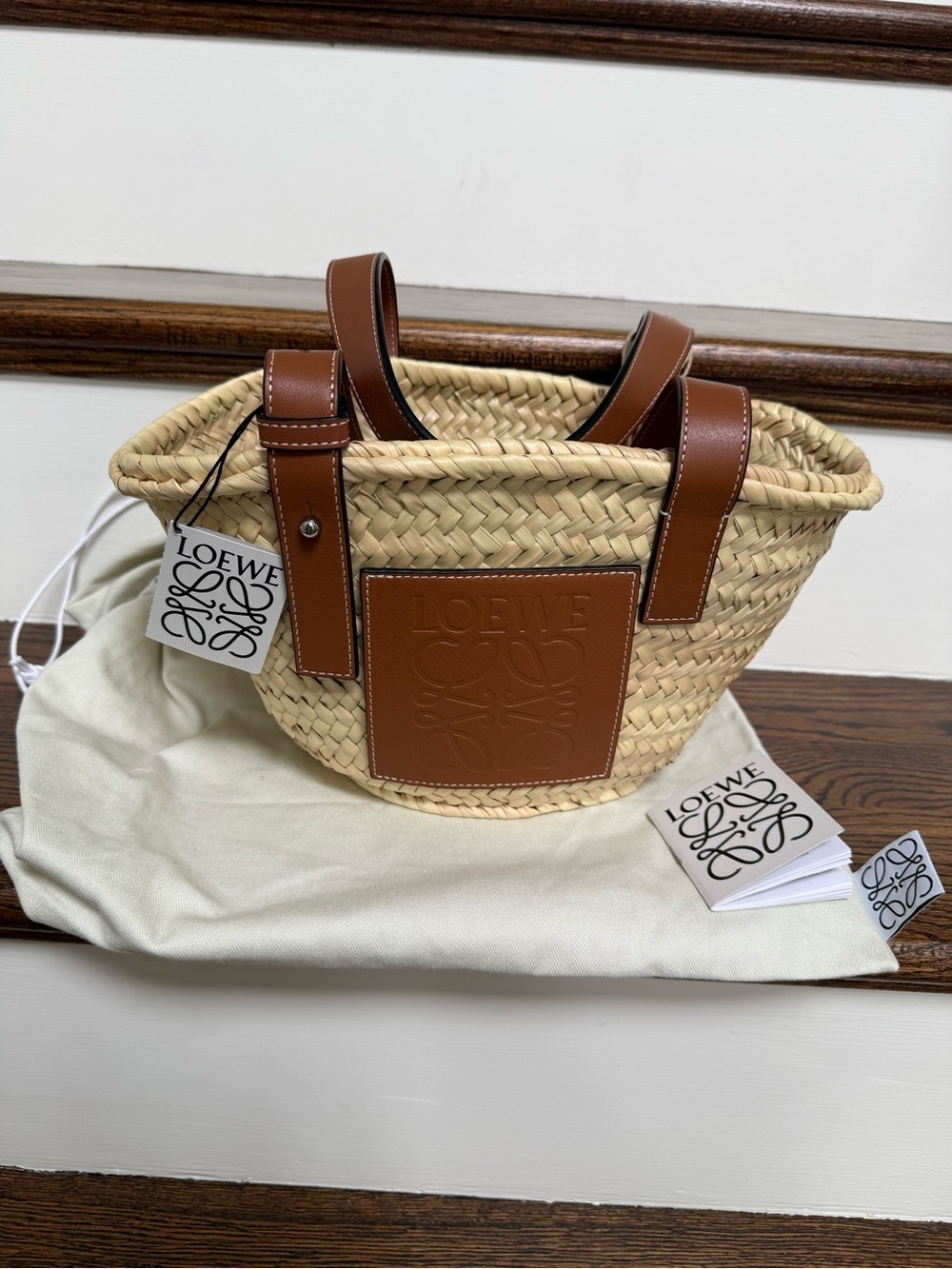 Loewe Straw Basket Tote with Tan Leather Trim